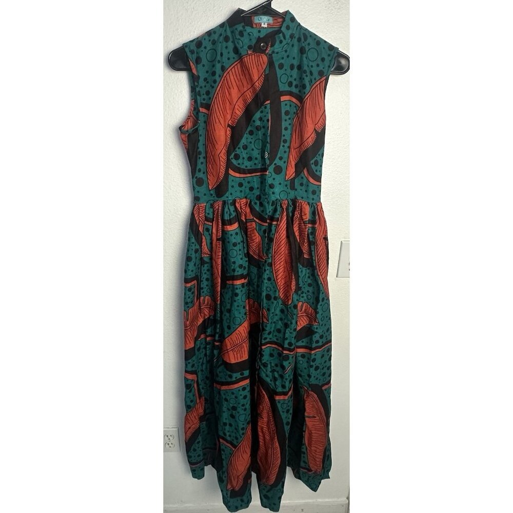 SIKA Ghana Handmade Cotton Maxi Dress Teal Orange Banana Leaf Print Size 4 - Picture 15 of 16